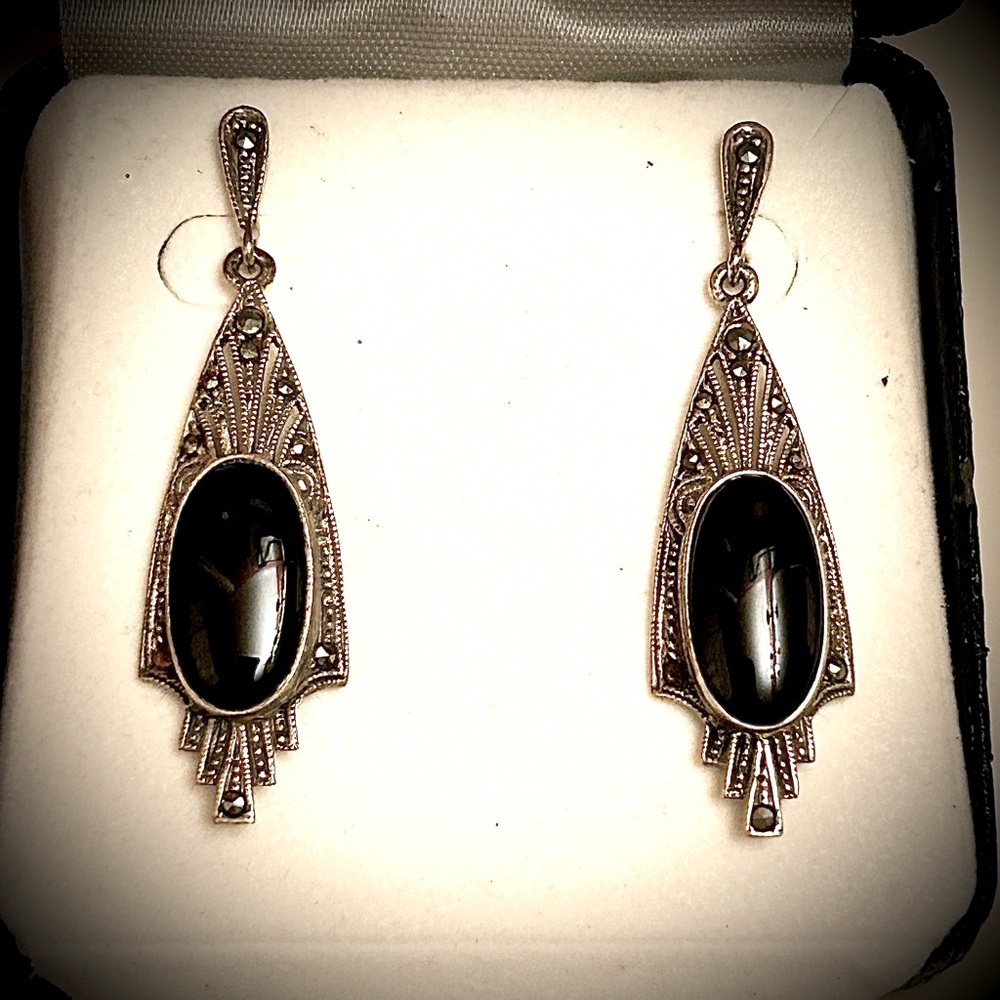 Art Deco~Vintage Marquesite and Onyx Pierced Earrings~925 Silver~L 1.9” x W .5”